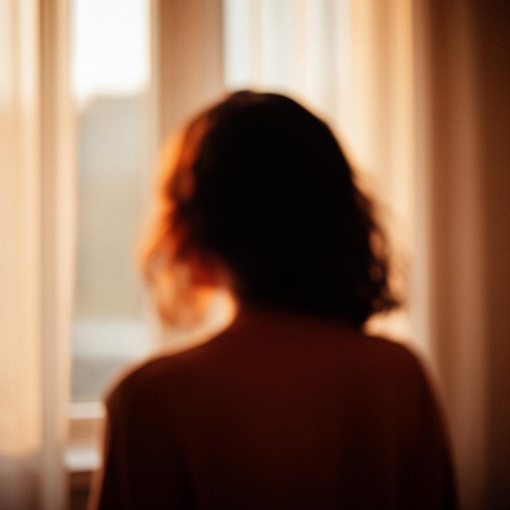 Silhouette d'une femme à contre-jour devant une fenêtre